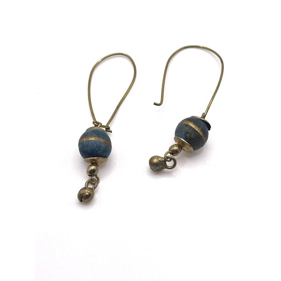 Vintage 1970's Dangle Long Loop Earrings With Blue and Gold Beads Handmade 2" - Picture 1 of 4
